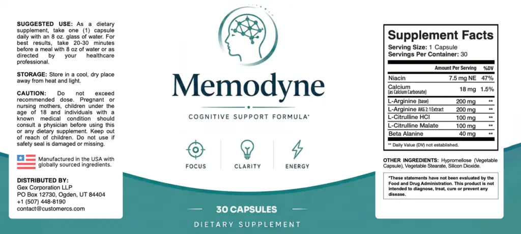 Memodyne Supplement Facts label